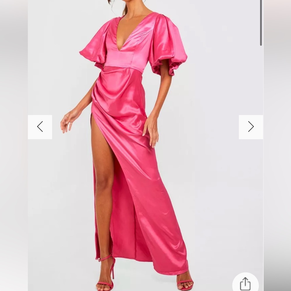Elegant Pink Evening Gown puff sleeve satin